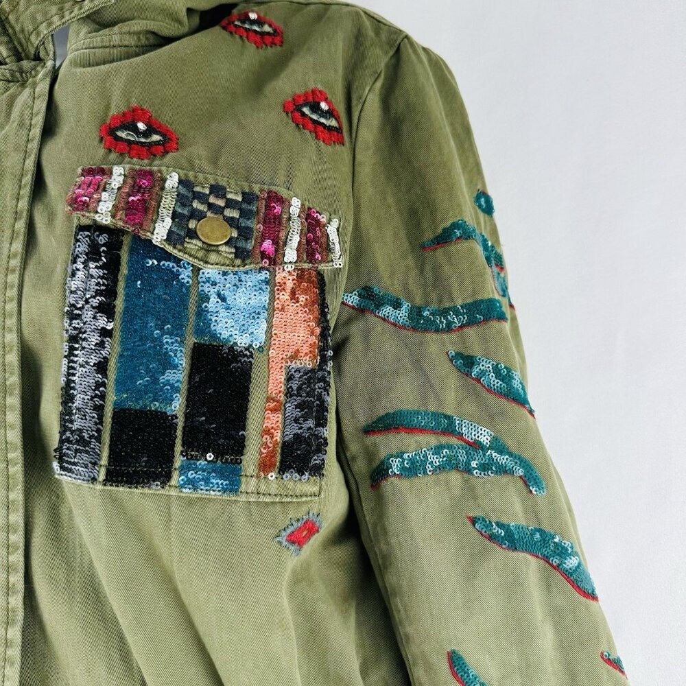 NWT Desigual Flix 2 In 1 Military Parka Jacket Sequins Size 32 Detach Line Small - Picture 5 of 16